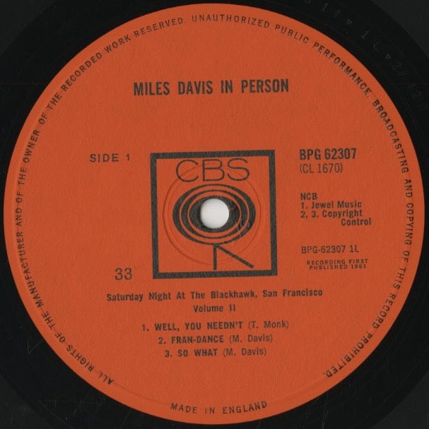 Miles Davis - In Person, Saturday Night At The Blackhawk, San Francisco, Vol.2 (BPG 62307) LP 1964 UK CBS|中古LP