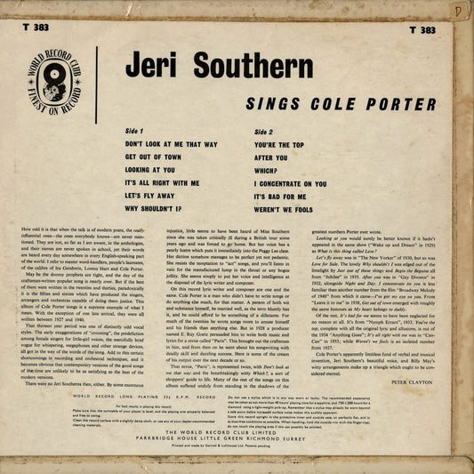 Jeri Southern - Jeri Southern Sings Cole Porter (T. 383) 1964 UK World Record Club|中古LP