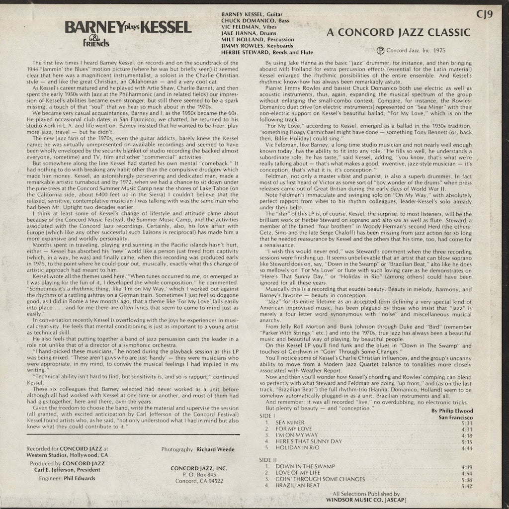 Barney Kessel - Barney Plays Kessel & Friends (CJ-9) LP 1975 US Concord Jazz|中古LP