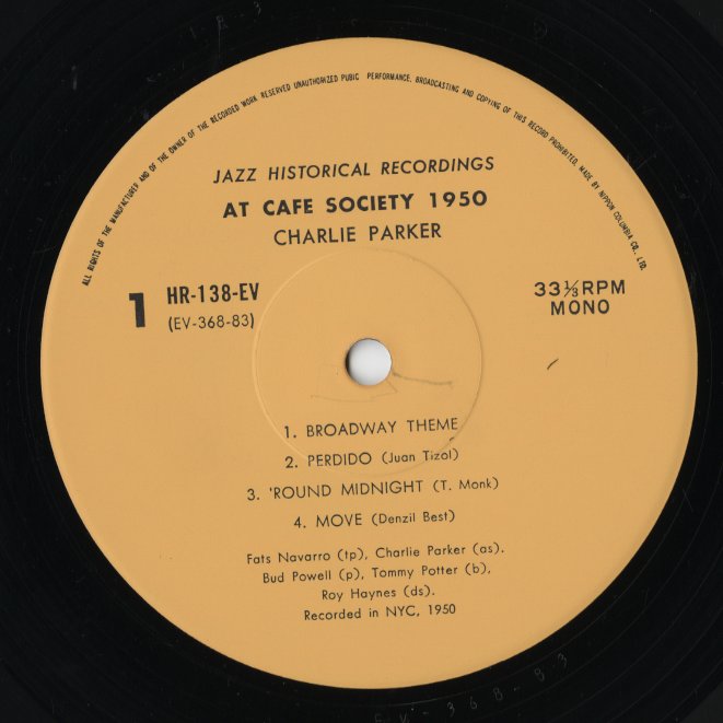 Charlie Parker / チャーリー・パーカー / At The Cafe Society 1950 (HR-138-EV)