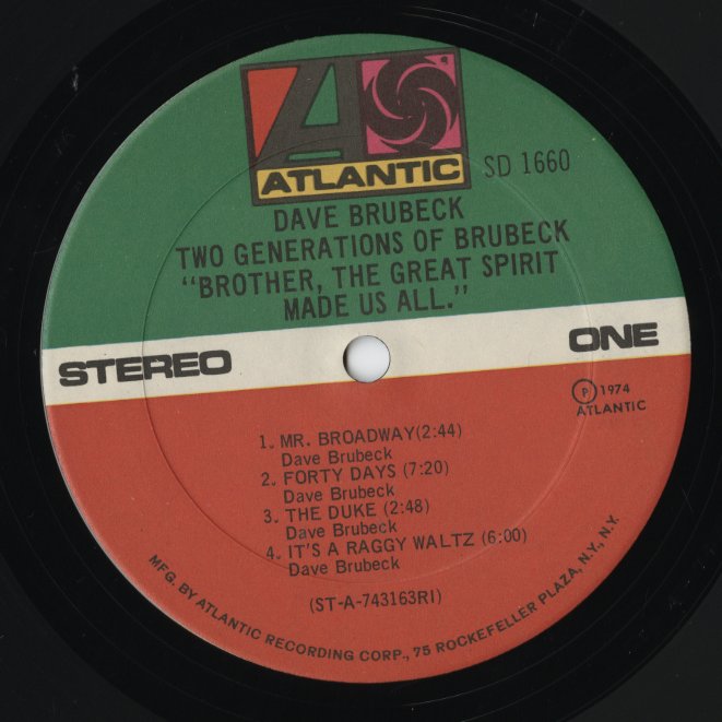 Dave Brubeck - Two Generations Of Brubeck "Brother, The Great Spirit Made Us All" (SD 1660) LP 1974 US Atlantic|中古LP
