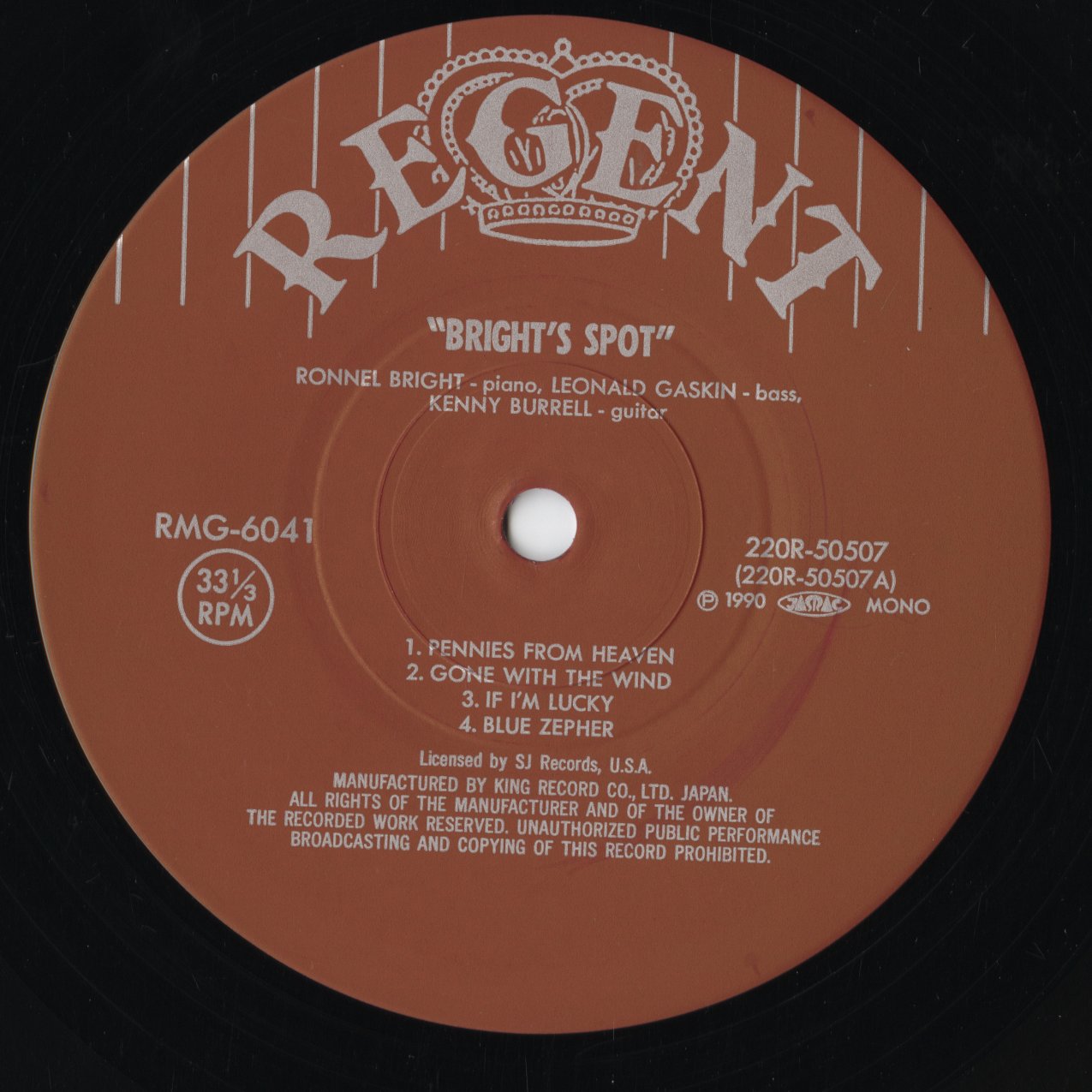 Ronnell Bright / Kenny Burrell / Leonard Gaskin - Bright's Spot (220R-50507) 1990 JPN Regent / King Record|中古LP