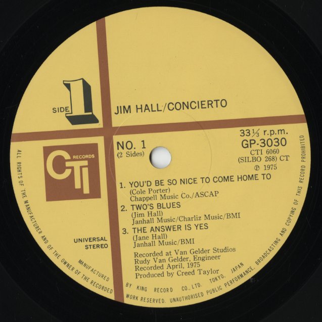 Jim Hall - Concierto (GP 3030) LP 1975 JPN CTI|中古LP