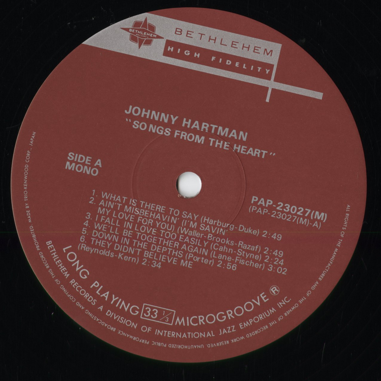 Johnny Hartman - Songs From The Heart (PAP-23027(M)) 1982 JPN Bethlehem Records - Trio Records|中古LP