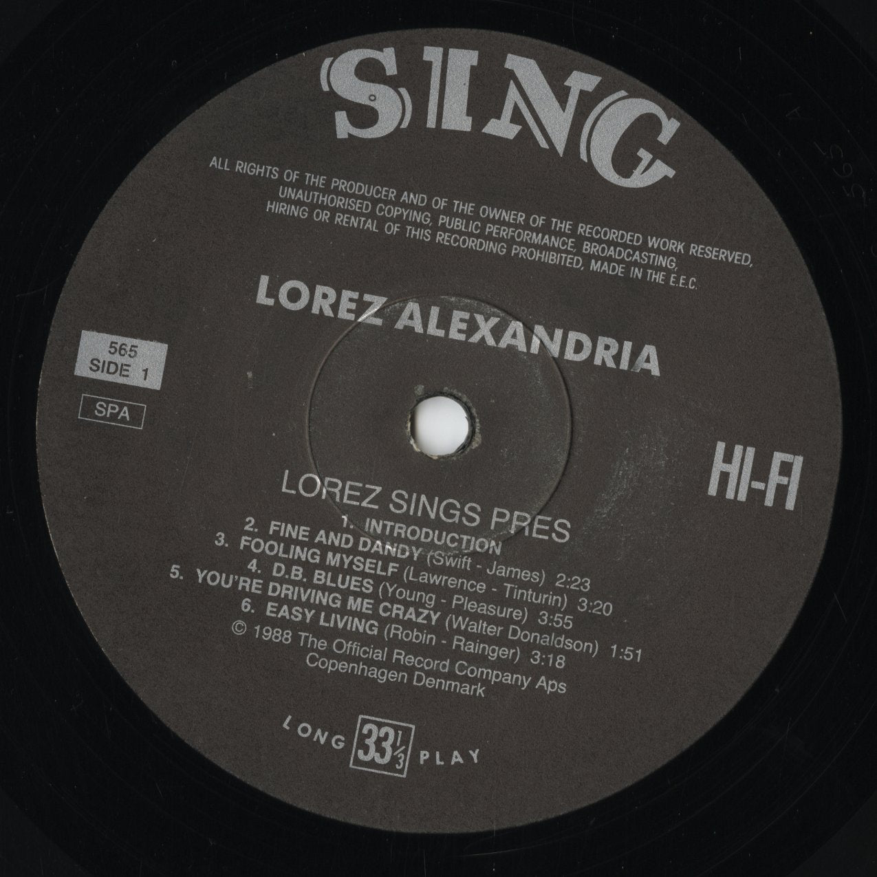 Lorez Alexandria - Lorez Sings Pres - A Late Session At An Intimate Club (Sing 565) LP 1988 SWE Sing|中古LP