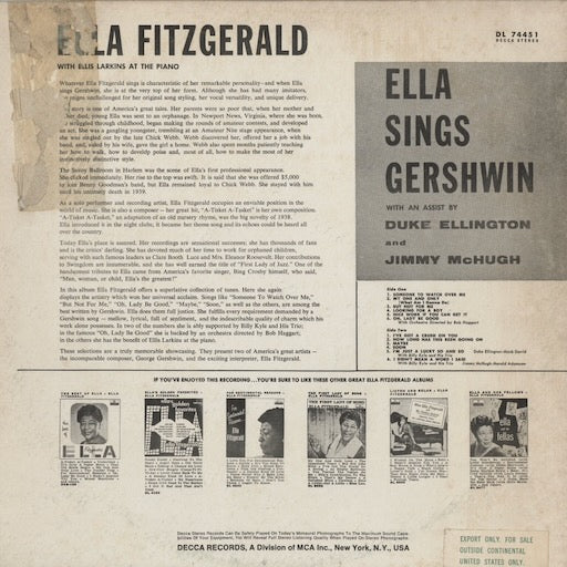 Ella Fitzgerald - Ella Sings Gershwin (DL 74451) LP 1963 US Decca|中古LP