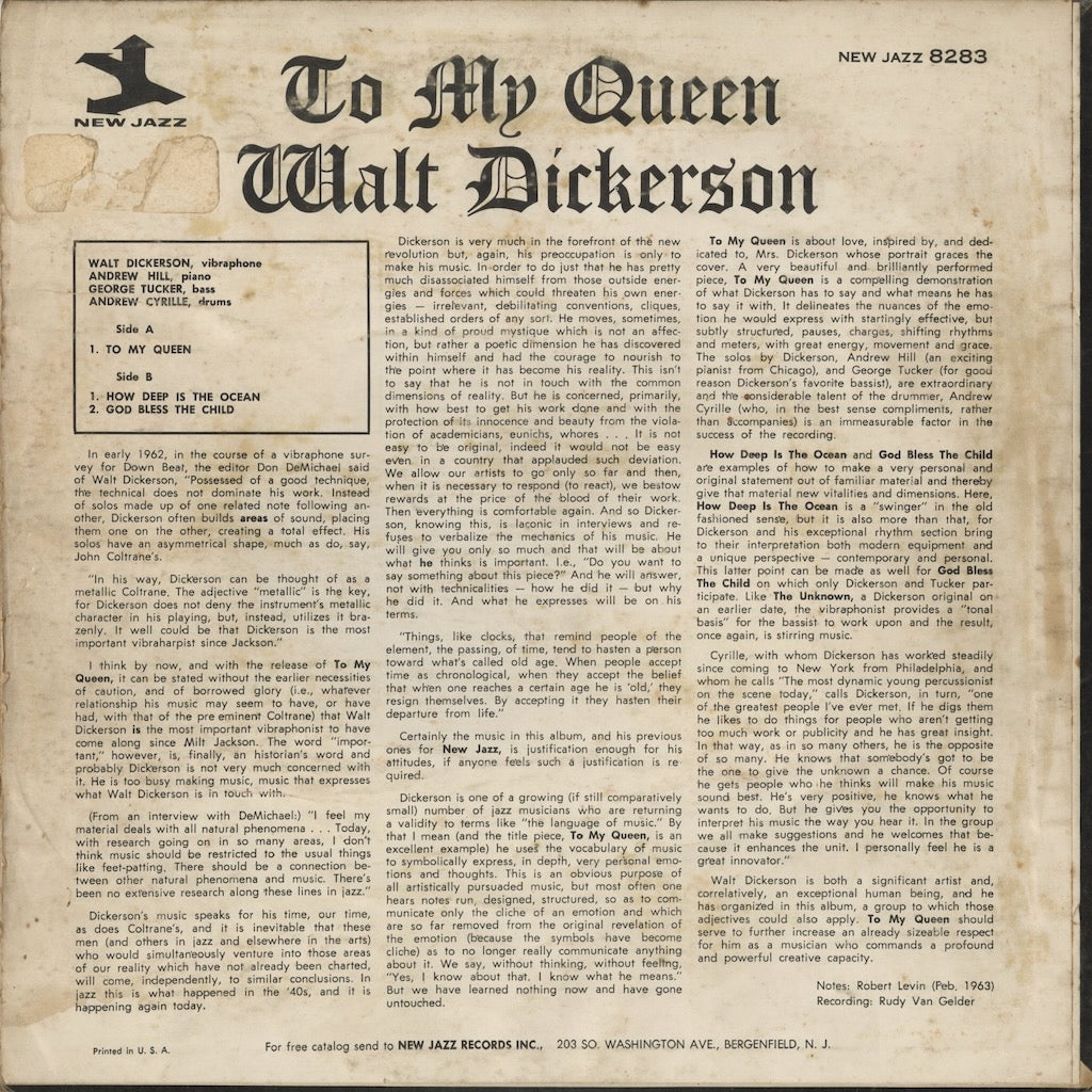 Walt Dickerson - To My Queen (NJLP 8283) LP 1963 US New Jazz|中古LP
