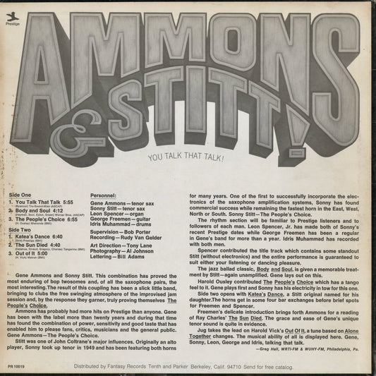 Gene Ammons & Sonny Stitt / You Talk That Talk (PRST 10019) 1973 US Prestige|中古LP
