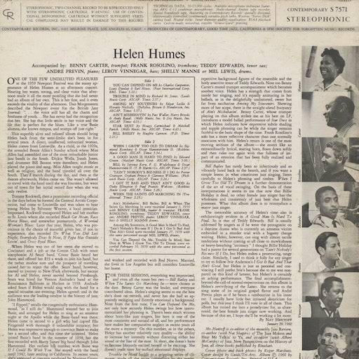 Helen Humes - Helen Humes 1959 (S7571) LP early 1970's US Contemporary Records|中古LP