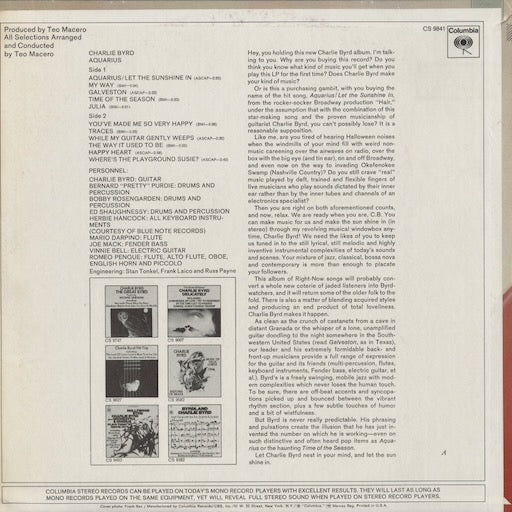 Charlie Byrd - Aquarius (CS 9841) 1969 US Columbia|中古LP