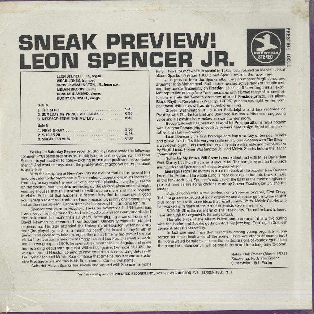 Leon Spencer Jr. / レオン・スペンサー Jr / Sneak Preview! (PR10011)