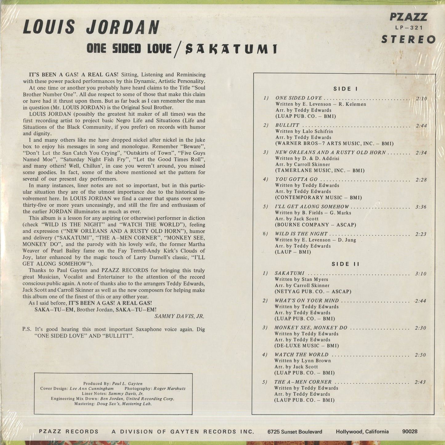 Louis Jordan / ルイ・ジョーダン / One Sided Love / Sakatumi (LP-321) 未開封シールド