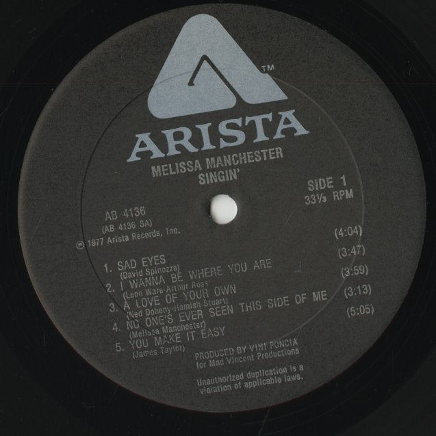 Melissa Manchester - Singin' (AL 4136) LP 1977 US Arista|中古LP