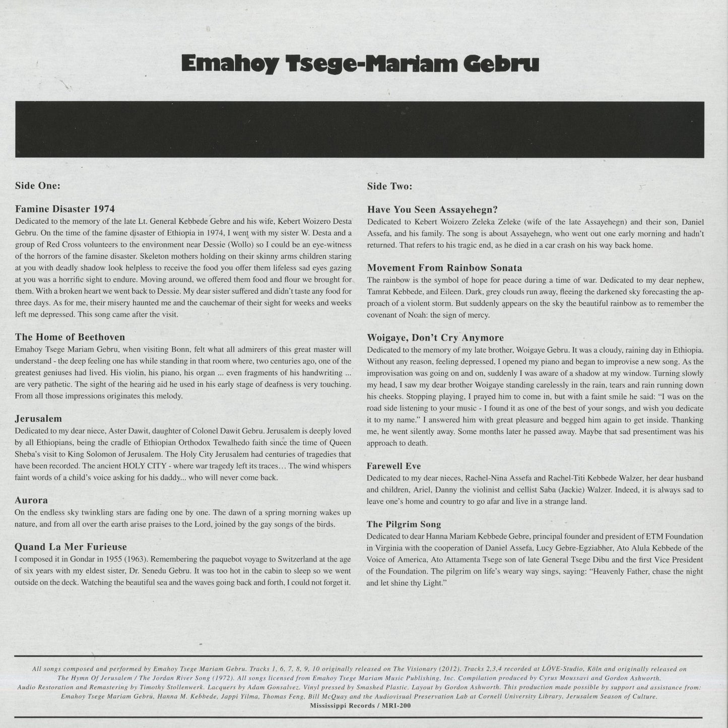 Emahoy Tsege Mariam Gebru Jerusalem MRI-200 LP 2023 USA Mississippi Records back