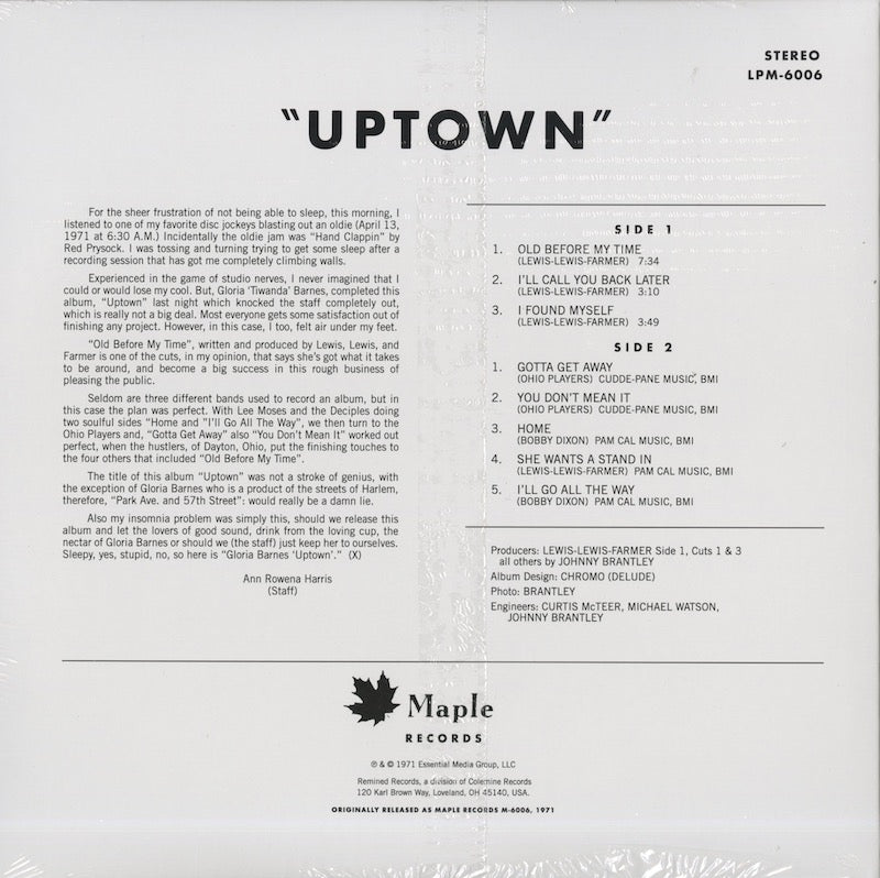 Gloria Barnes – Uptown (RMND 12001) LP 2018 US Reminded Records リイシュー盤