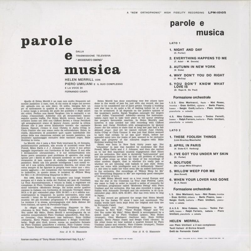 Helen Merrill / ヘレン・メリル / Parole e Musica (180g) (RW153LP)