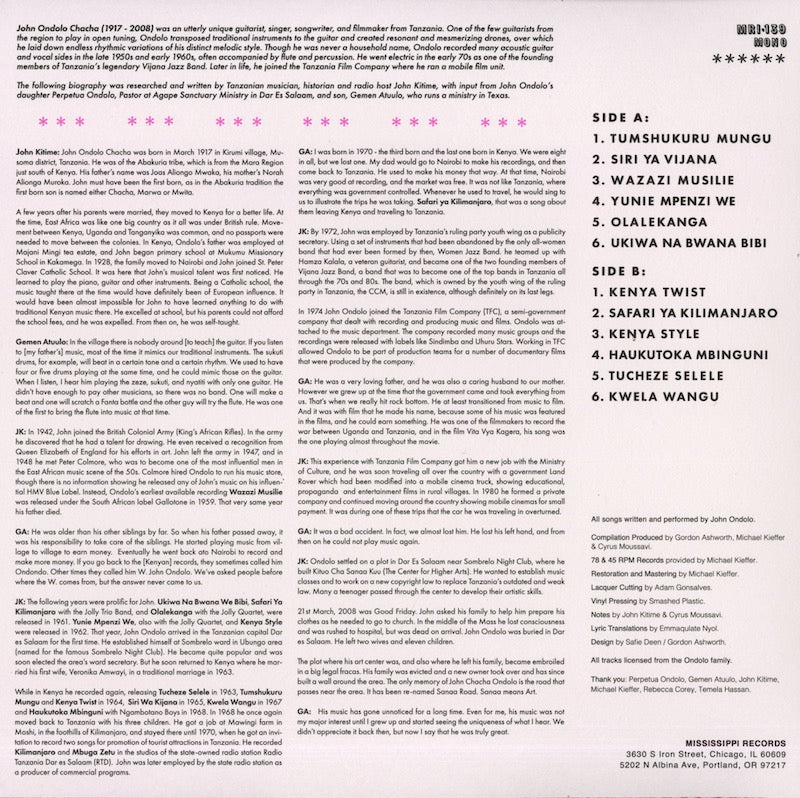 John Ondolo - Hypnotic Guitar Of John Ondolo (MRI-139) 2022 US Mississippi Records|新品LP back