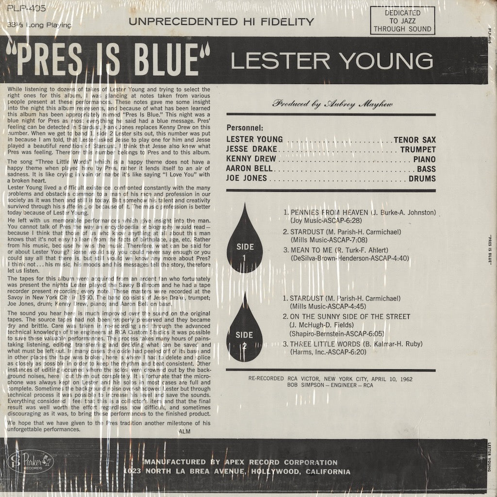 Lester Young / Pres Is Blue (PLP-405) LP 1962 US Charlie Parker Records｜中古LP