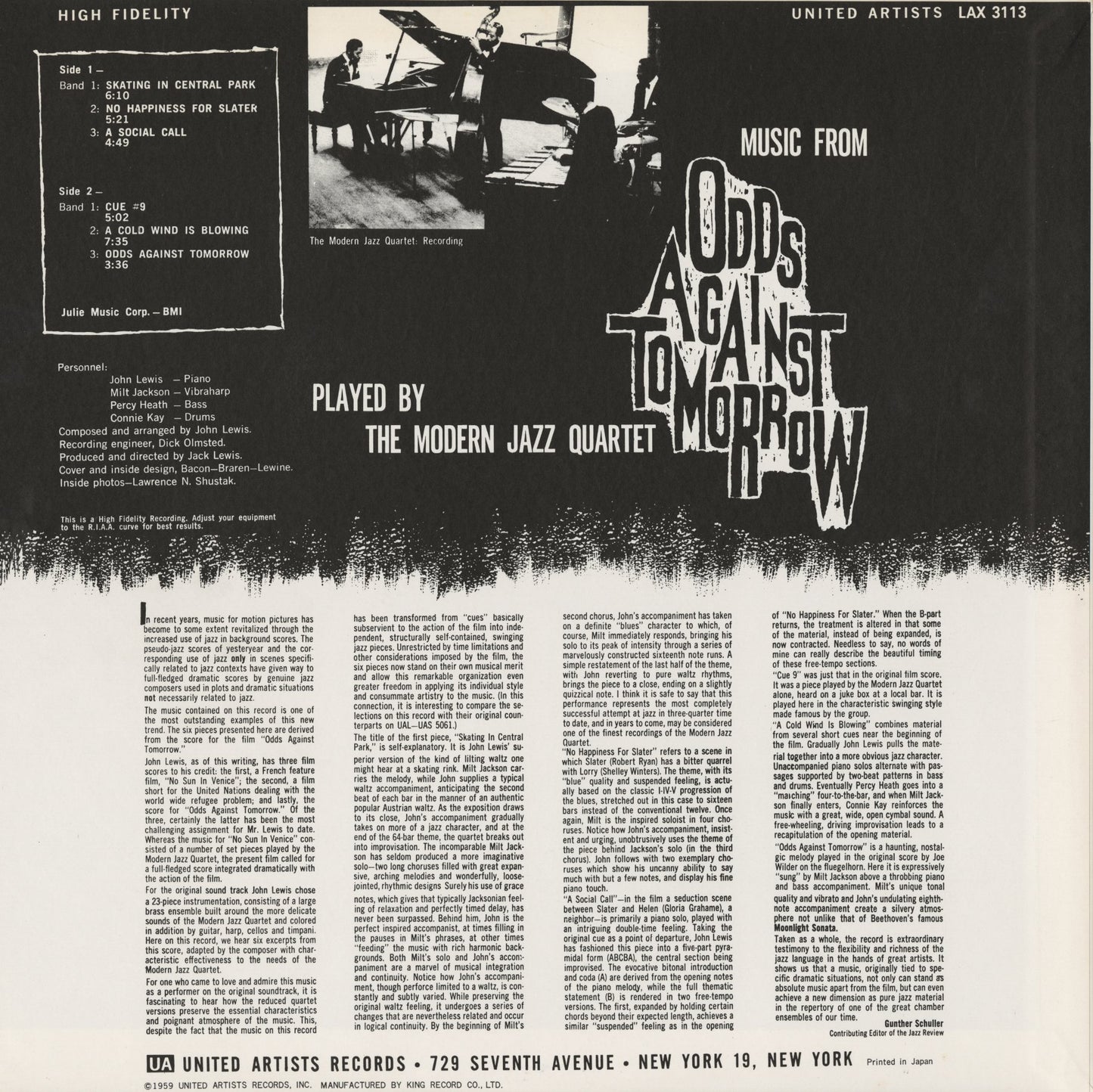 The Modern Jazz Quartet / Music From "Odds Against Tomorrow" (LAX 3113) LP 1976 JPN United Artists｜中古LP