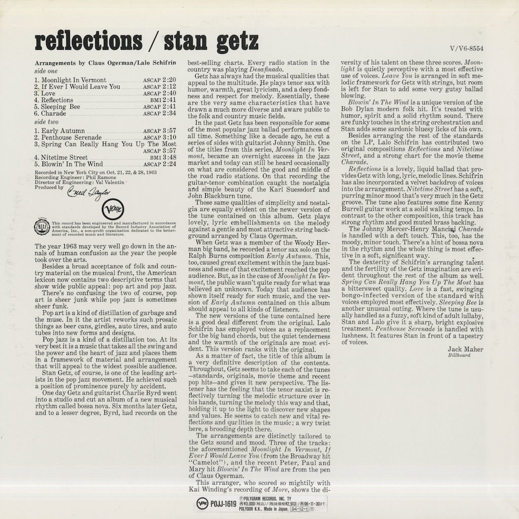 Stan Getz / スタン・ゲッツ / Reflections (POJJ-1619)