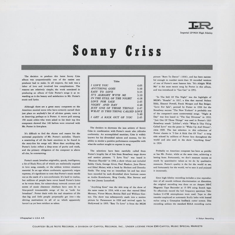 Sonny Criss - Sonny Criss Plays Cole Porter (LP-9024) LP 2005 US Classic Records｜中古LP