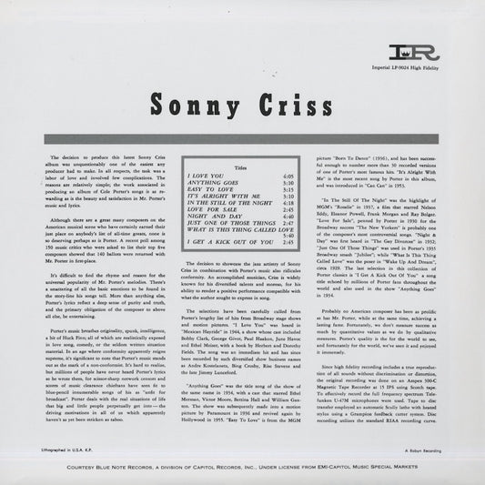 Sonny Criss - Sonny Criss Plays Cole Porter (LP-9024) LP 2005 US Classic Records｜中古LP