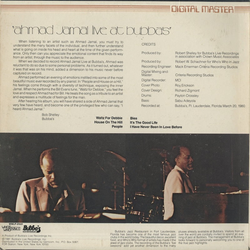 Ahmad Jamal / アーマッド・ジャマル / Live At Bubbas (WWLP 21021)