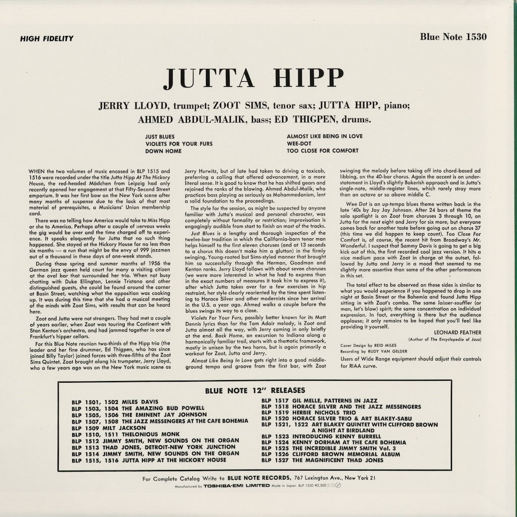 Jutta Hipp - Jutta Hipp With Zoot Sims (BN 1530) 1990 JPN Blue Note｜中古LP