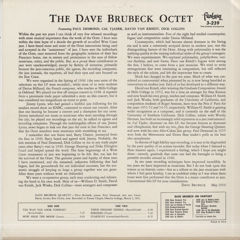Dave Brubeck / デイヴ・ブルーベック / Dave Brubeck Octet (8094)