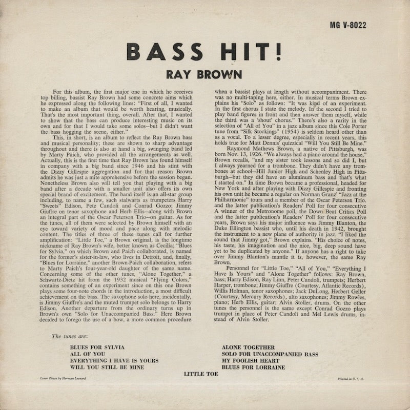 Ray Brown / レイ・ブラウン / Bass Hit! (MG V-8022)