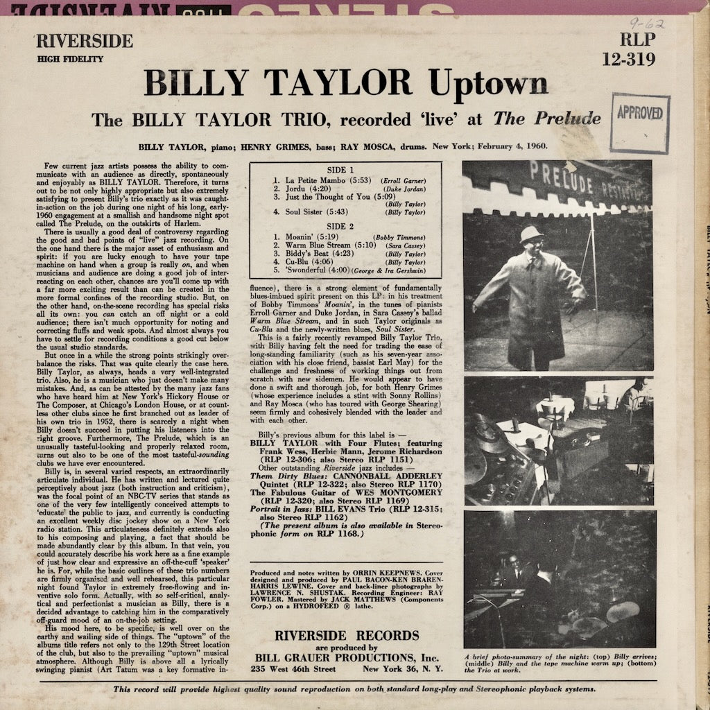 Billy Taylor - Uptown (RLP 12-319) LP 1960 US Riverside｜中古LP