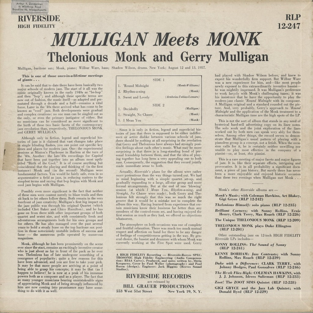 Thelonious Monk And Gerry Mulligan / セロニアス・モンク　ジェリー・マリガン / Mulligan Meets Monk (RLP 12-247)