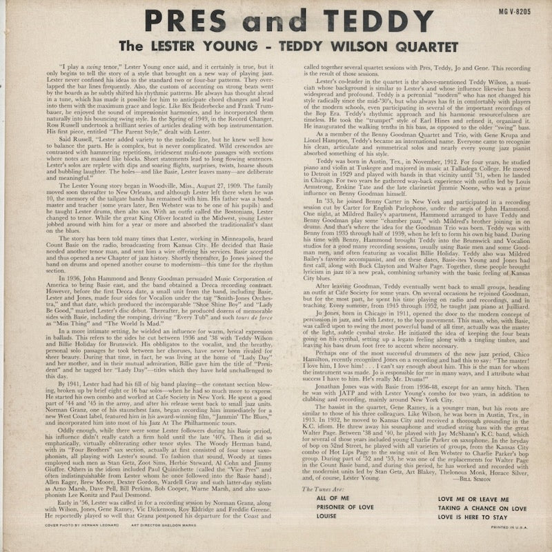 Lester Young - Teddy Wilson Quartet / レスター・ヤング　テディー・ウィルソン / Pres And Teddy (MG V-8205)