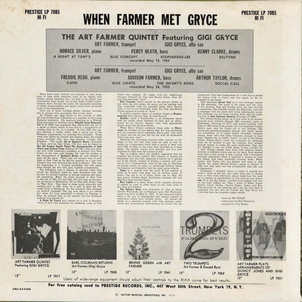 Art Farmer - When Farmer Met Gryce (SMJ-6544(M)) 1977 JPN Prestige - Victor｜中古LP