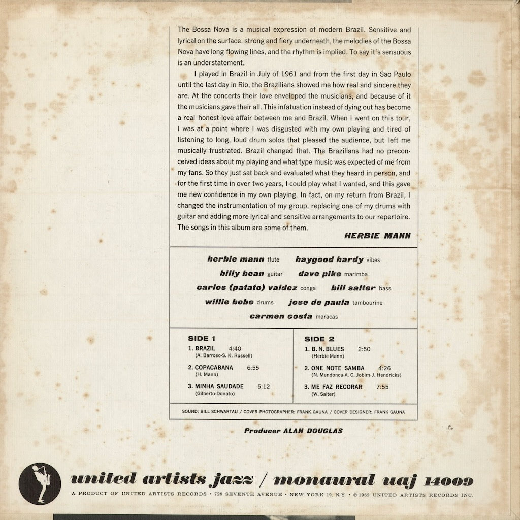 Herbie Mann - Brazil, Bossa Nova & Blues (UAJ 14009) 1962 US United Artists Jazz｜中古LP