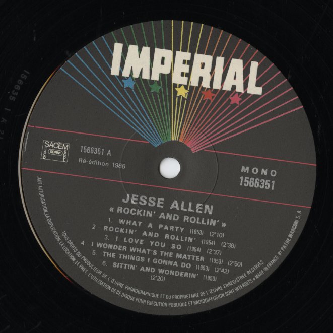 Jesse Allen - Rockin' And Rollin' (1566351) LP 1986 FRA Imperial｜中古LP