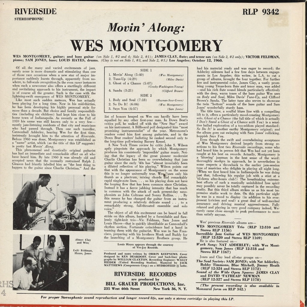 Wes Montgomery - Movin' Along (RLP 9342) 1961 US Riverside｜中古LP