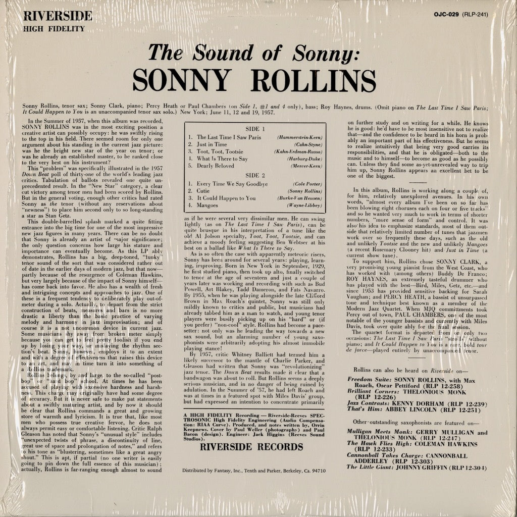 Sonny Rollins / ソニー・ロリンズ / The Sound Of Sonny (OJC-029)
