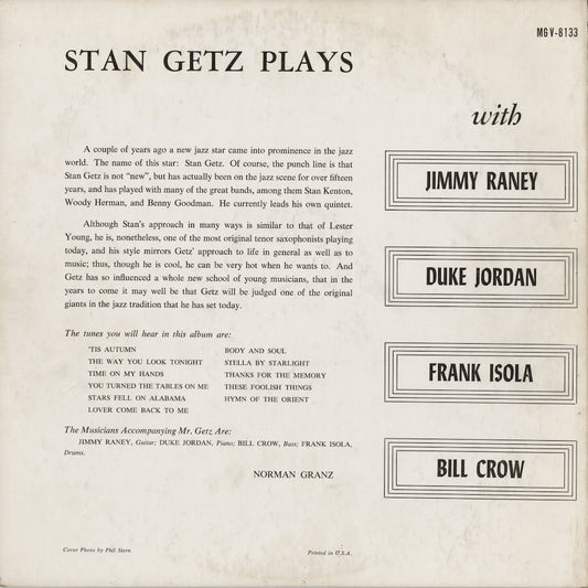 Stan Getz - Stan Getz Plays (MG V-8133) 1957 US Verve｜中古LP