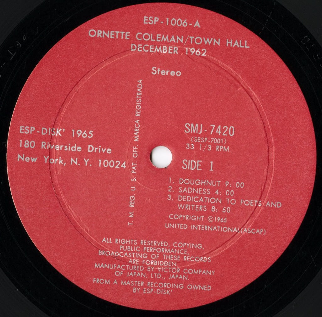 Ornette Coleman / Town Hall 1962 (SMJ-7420) LP 1965 JPN ESP Disk | 中古LP