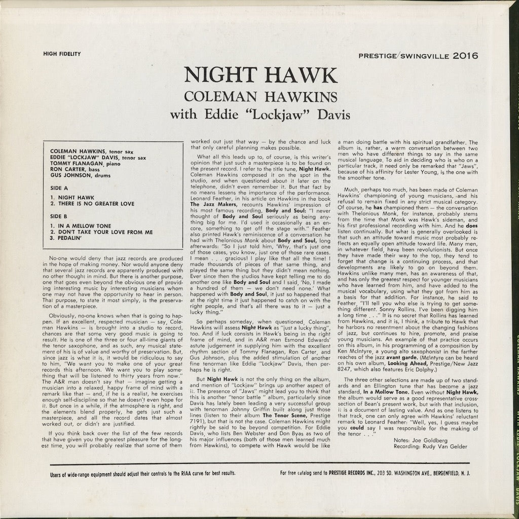Coleman Hawkins - Night Hawk (SVLP 2016) 1961 US Swingville｜中古LP