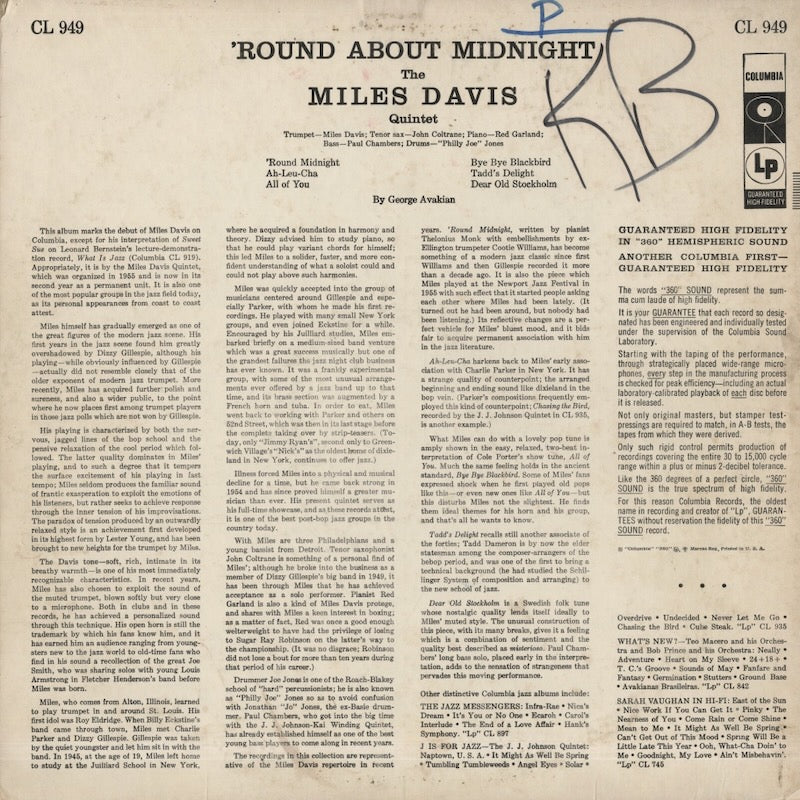 Miles Davis / マイルス・デイヴィス / 'Round About Midnight (CL 949) 1957 US Columbia 6EYE