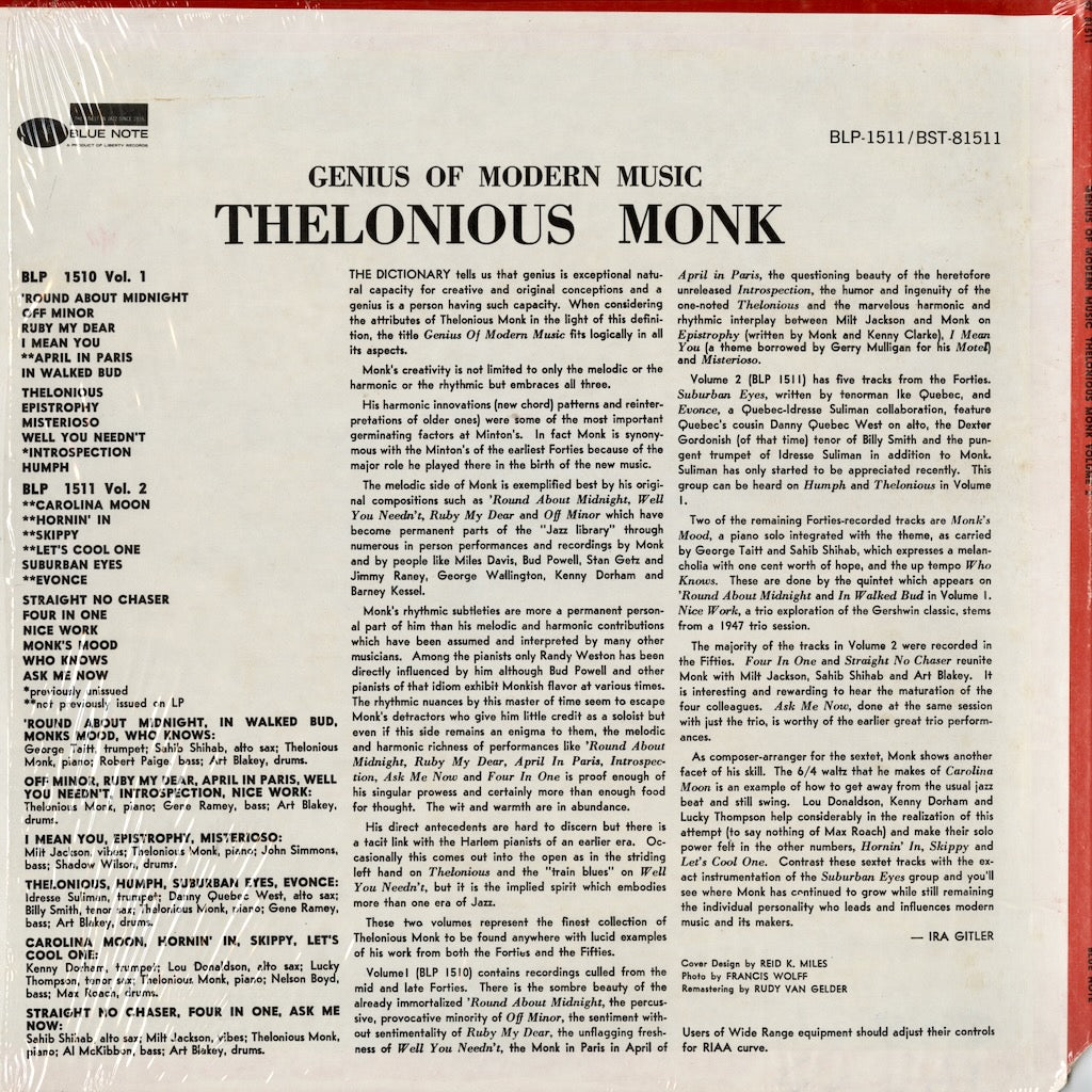 Thelonious Monk - Genius Of Modern Music Volume 2 (BST 81511) LP 1976 US Blue Note - United Artists｜中古LP