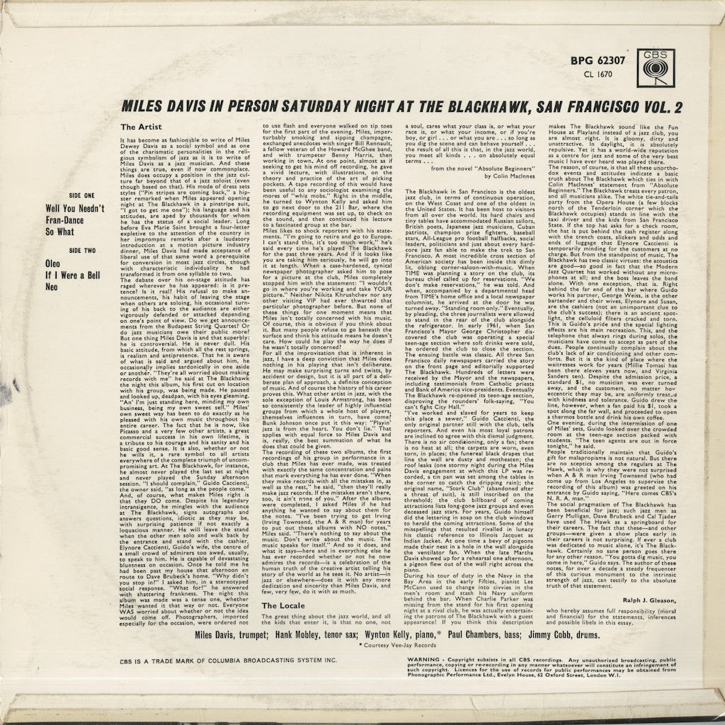 Miles Davis - In Person, Saturday Night At The Blackhawk, San Francisco, Vol.2 (BPG 62307) LP 1964 UK CBS｜中古LP