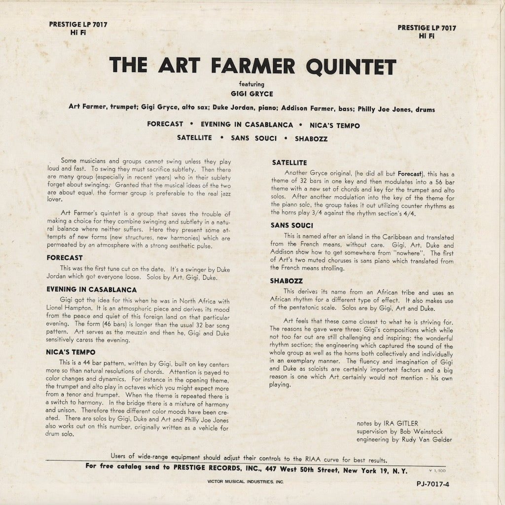 Art Farmer - Art Farmer Quintet Featuring Gigi Gryce (PJ-7017-4) LP 1972 JPN Prestige｜中古LP