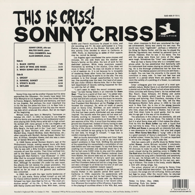 Sonny Criss / ソニー・クリス / This Is Criss! (OJC-430)