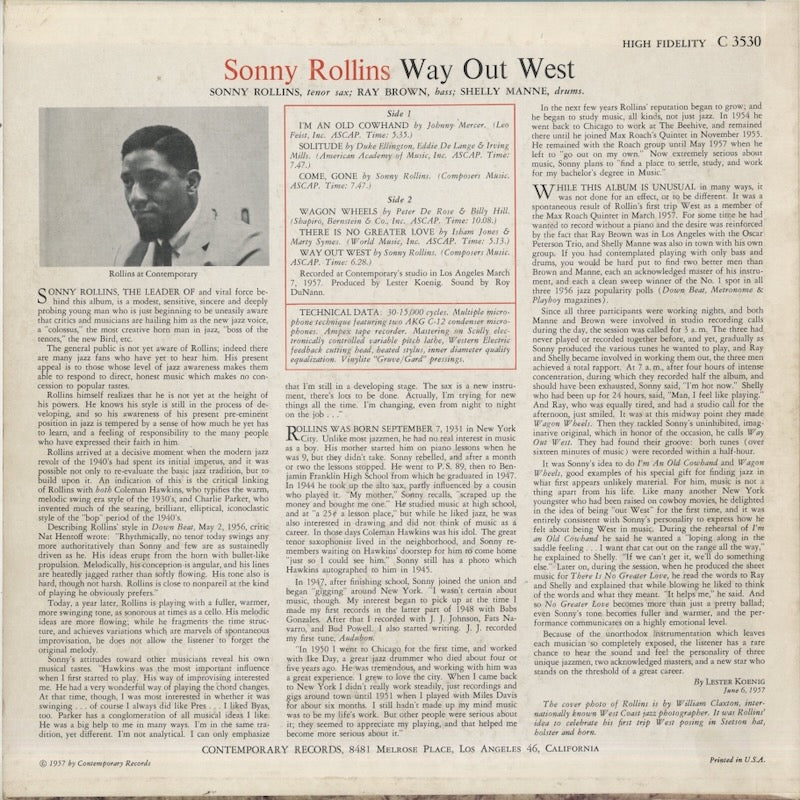 Sonny Rollins / ソニー・ロリンズ / Way Out West (C3530)
