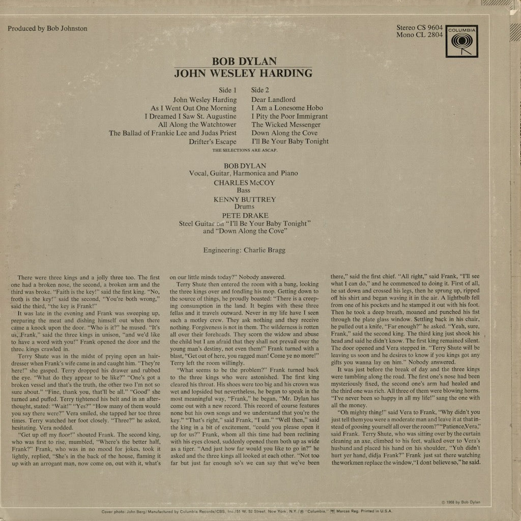 Bob Dylan - John Wesley Harding (CS 9604) 1968 US Columbia STEREO｜中古LP