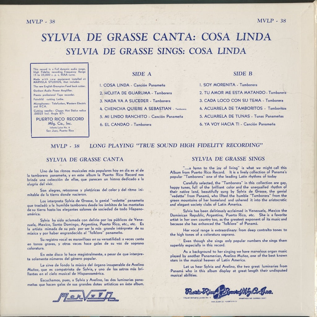 Sylvia De Grasse - Cosa Linda (LP-38) LP 1960s Puerto Rico Marvela