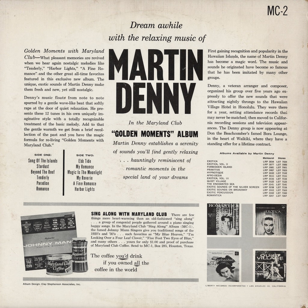 Martin Denny - Maryland Club's Golden Moments With Martin Denny (MC-2) 1962 US Liberty｜中古LP